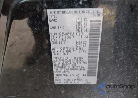 2020 Nissan Pathfinder Sv 2Wd из США, поврежденный, VIN 5N1DR2BN7LC587534